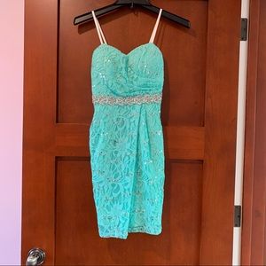 City Studio Sequin Rhinestone Mini Dress Teal Turquoise Strapless